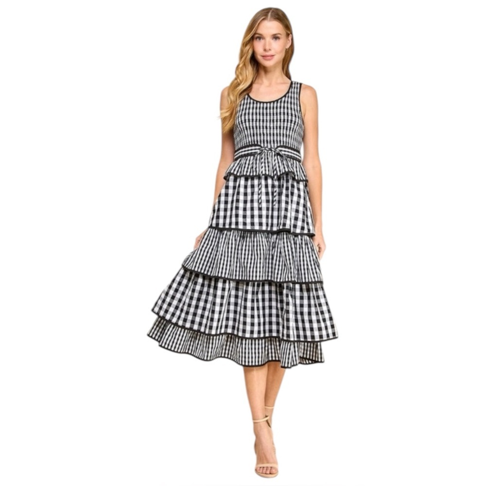 Hunter Bell Andrea Dress Black White Gingham Tiered Midi Size 6 NWT